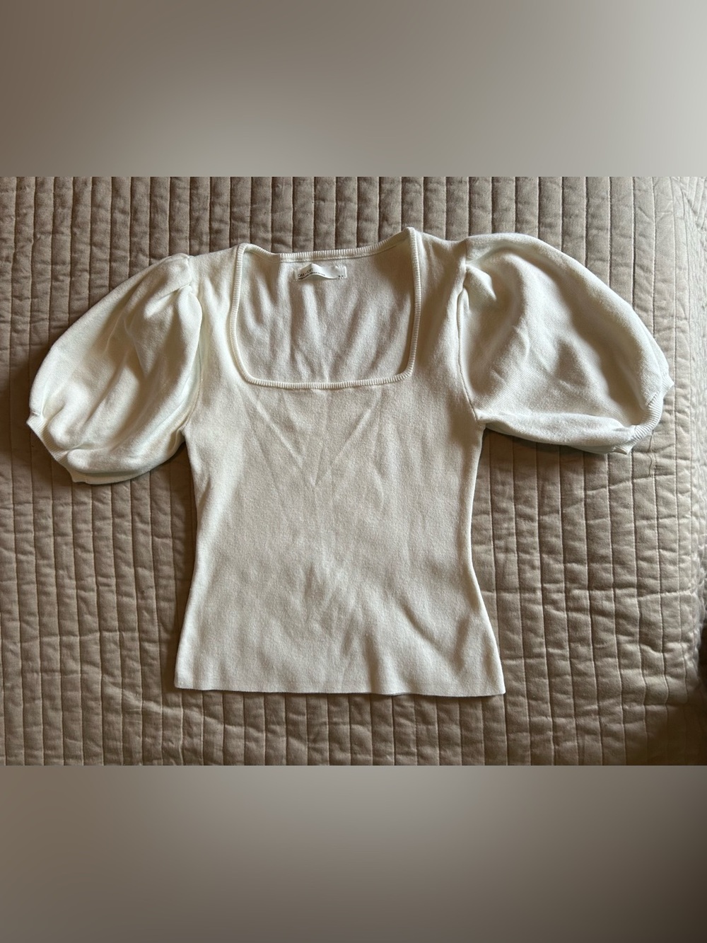 OAK + FORT Cream Square Neck Puff Sleeve Knit Top